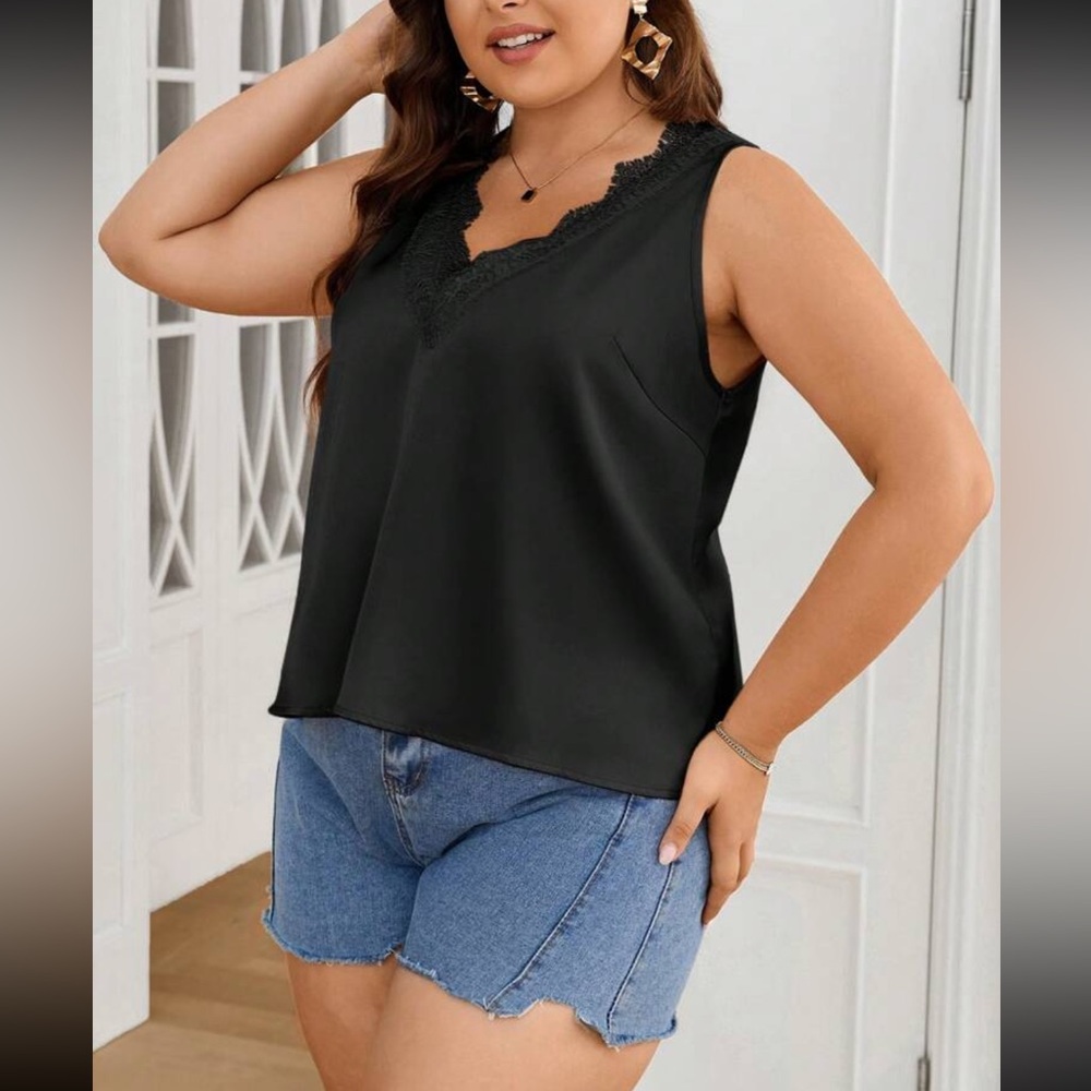 Luxe red V neck lace detail satin top - Picture 10 of 16